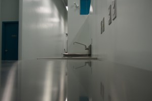 reflection of a sink fixture on a stainless steel surface