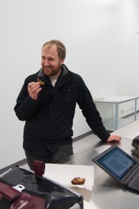 Chocolate Labs baking banana bread for Dave