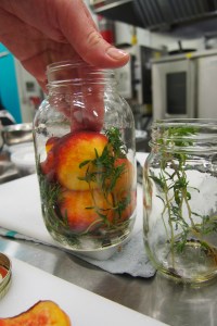 Halved peaches placed neatly inside.